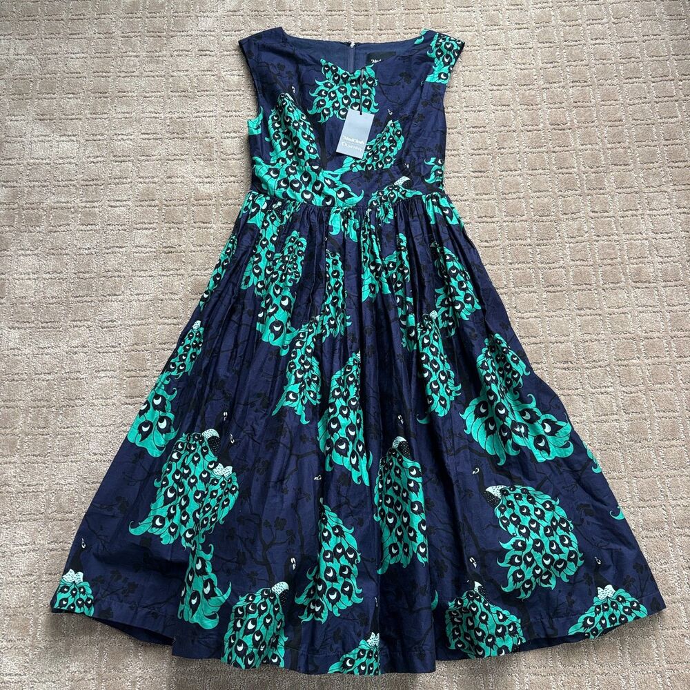 ModCloth X Dupenny Peacock Dress Womens 8 Navy Green Retro 50s 60s Novelty Tulle